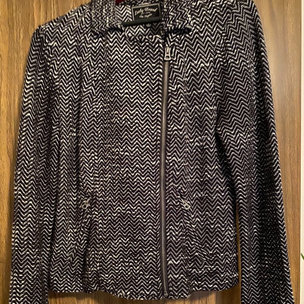 Women's Lucky Brand Black & White Chevron Zip Cotton Bomber Jacket - Large